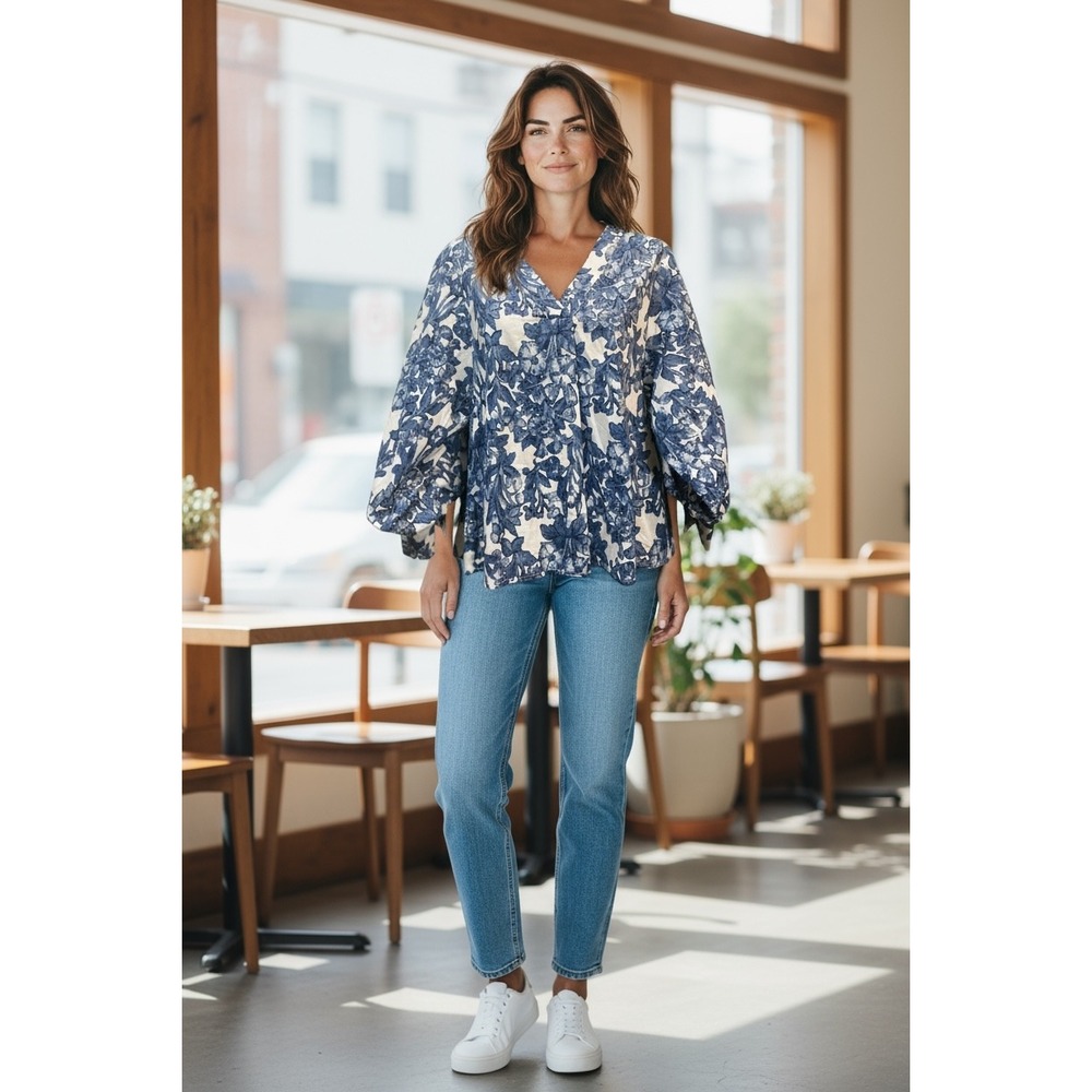 JODIFL Women's Blue White Floral‎ Print Balloon Sleeve V-Neck Blouse Top